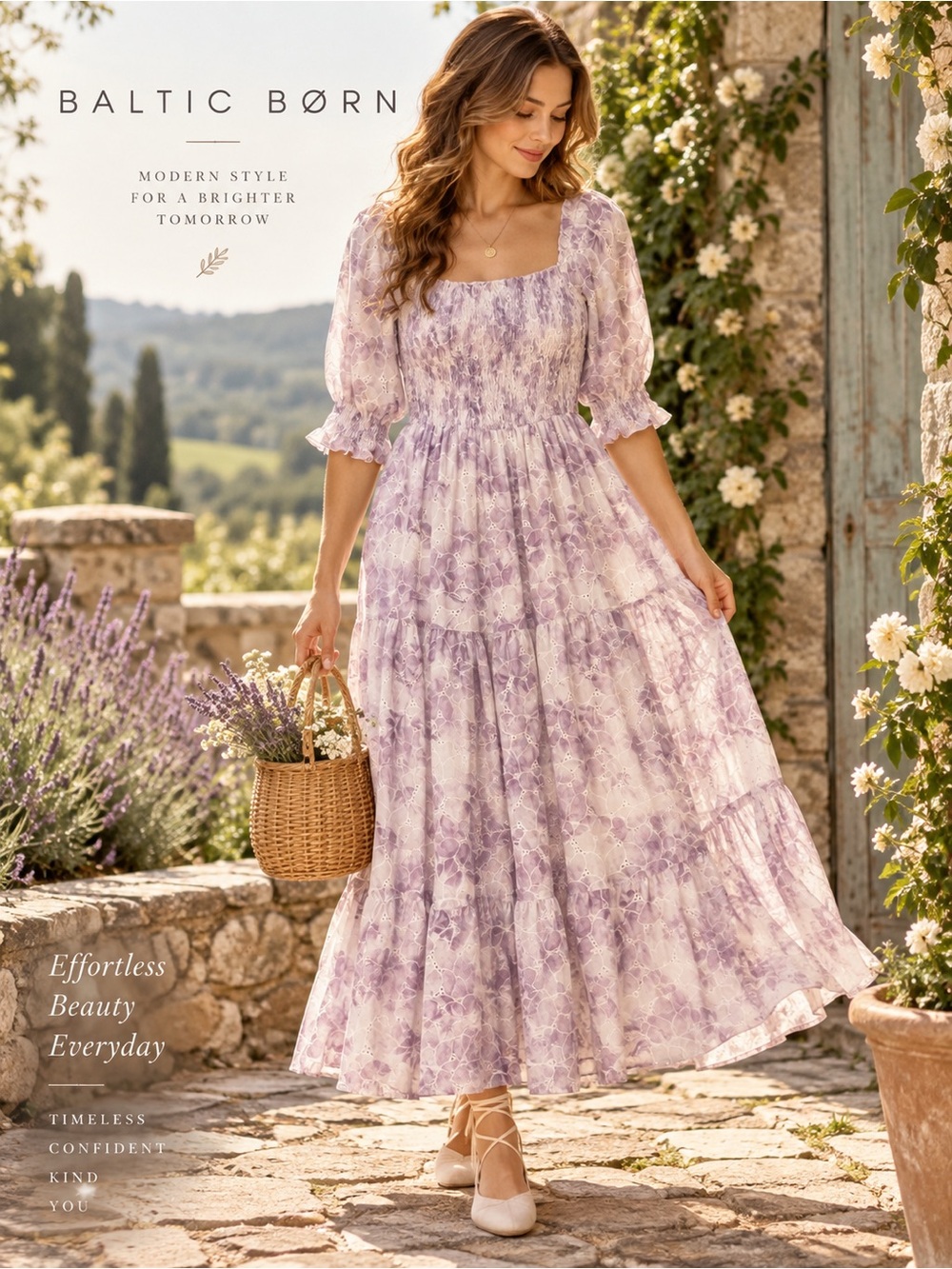 Baltic Born Lavender Eyelet Smocked Maxi Dress Medium Puff Sleeve Tiered Boho